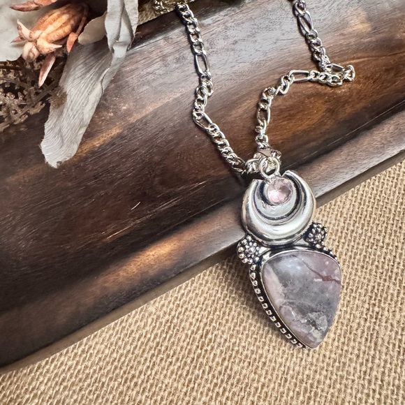 Vintage  Porcelan Jasper and kunzite set in 925 stamp sterling silver pendant - Picture 1 of 2